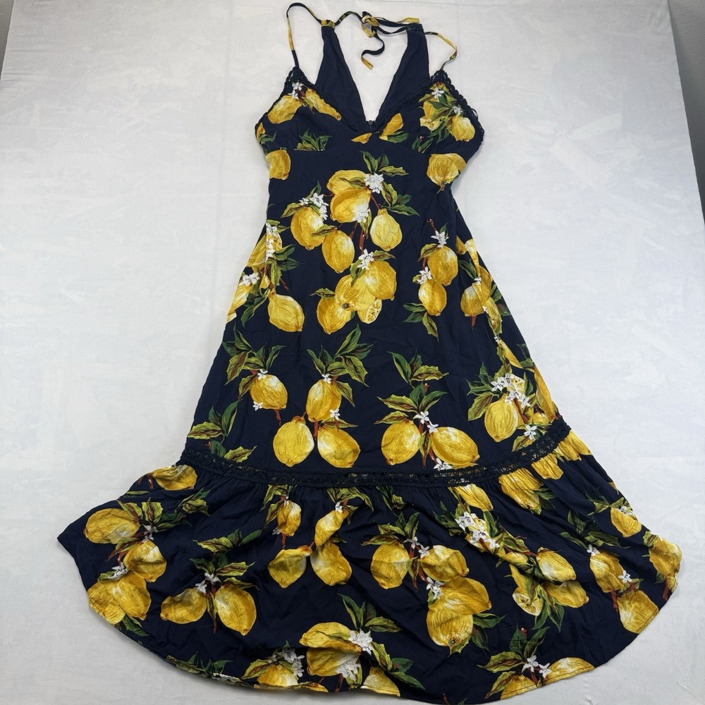 Lush Navy Lemon Print Maxi Dress L Halter Lace Ruffle Summer Boho
